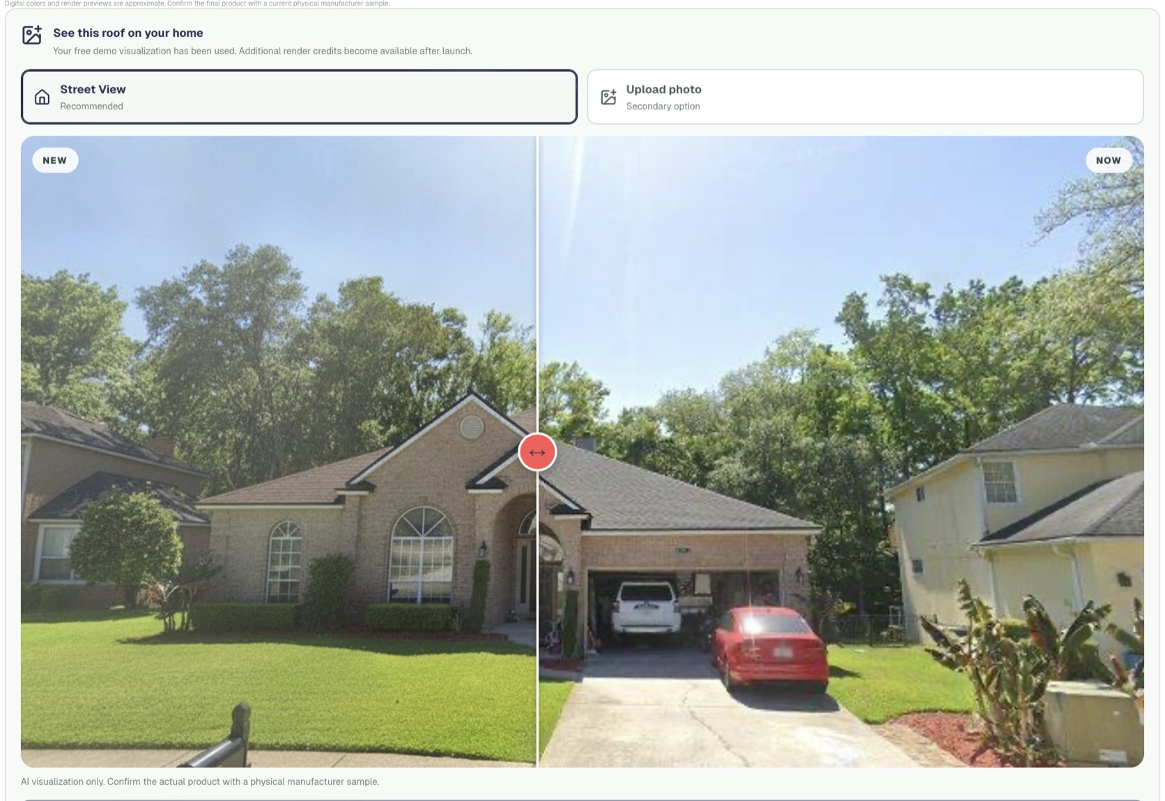 Before and after roof visualization example generated from a home photo